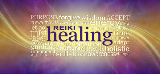 Reiki Healing Words Wall Art Banner - deep purple and gold background with a sweeping energy line through behind a  HEALING word cloud ideal for a reiki therapist's healing room wall
