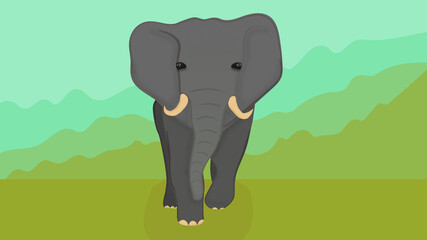 Big elephant with sad eyes, front view. In the background is the African forest. Wildlife protection. Watercolor vector illustration