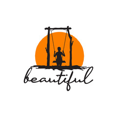 logo of a girl playing on a swing by the beach with sunset background design