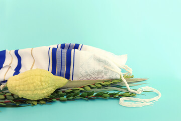 Jewish festival of Sukkot. Traditional symbols (The four species): Etrog (citron), lulav (palm...