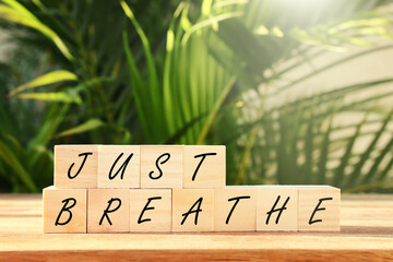 Wooden blocks with the text Breathe over green floral background