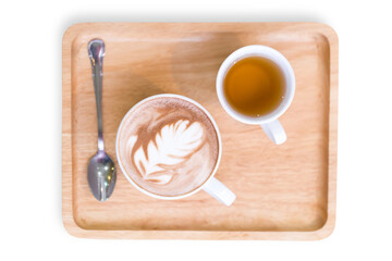 Top view of latte coffee and tea on wooden plate isolated on white