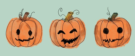 halloween pumpkin set watercolor, halloween set, differents pumpkin set with different expresions, smiling pumpkin set, pumpkin with green background