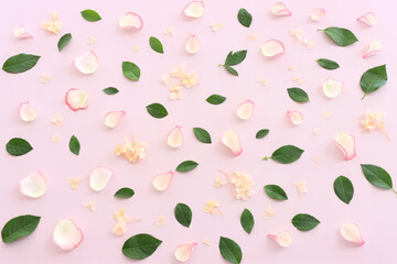 Pastel delicate background with pink roses and petals. Top view