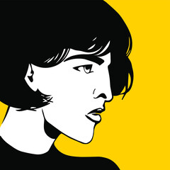 vector drawing of modern strong woman in profile with beautiful short bob hairstyle isolated on yellow background.imitation of a drawing in black ink.useful for print, postcards, posters, advertising