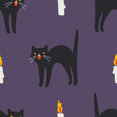 Black cat and candles,Halloween vector seamless pattern