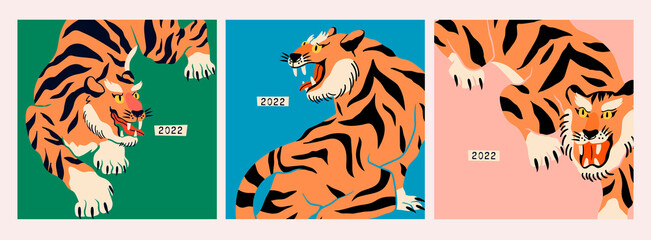 Abstract Tigers. Japanese or Chinese oriental style. Set of three Hand drawn colored Vector illustrations. Print, logo, card, calendar, poster template. Symbol of 2022 new year