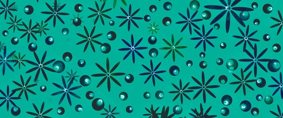 Green background with natural design elements, flowers and balls, pattern for print, wallpaper, blue accent	
