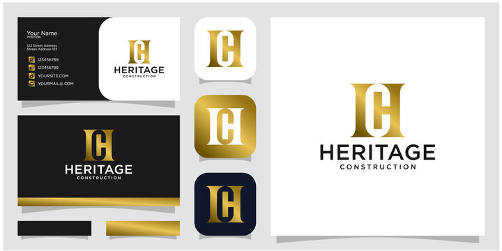 combination letter H and C negative space gold color premium template