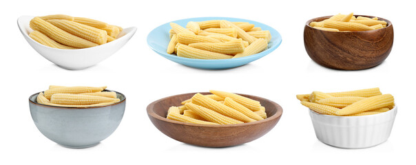 Set with tasty baby corn cobs on white background