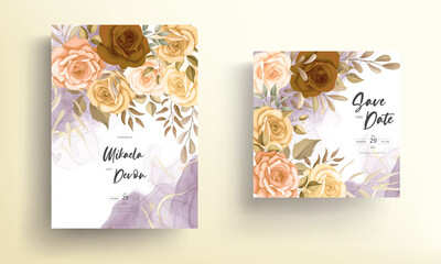 Beautiful autumn flowers wedding invitation card with alcohol ink
