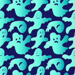 Hand drawn seamless Halloween pattern.Blue ghosts on a dark blue background. Vector illustration.