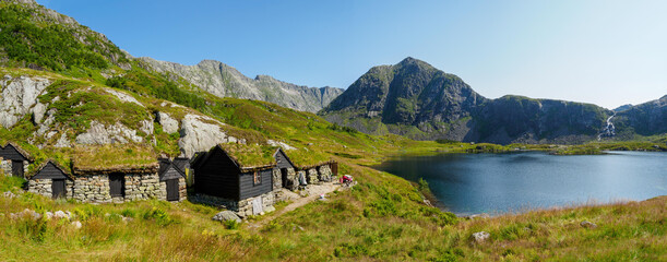 Fototapeta na wymiar Historic stone buildings in the mountains of Folgefonna National Park in Norway.