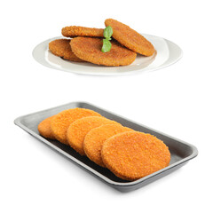 Tasty breaded cutlets on white background, collage
