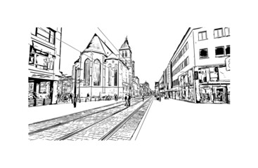 Fototapeta na wymiar Building view with landmark of Heilbronn is the city in Germany. Hand drawn sketch illustration in vector.