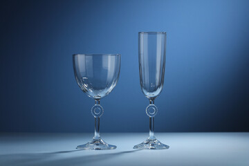 champagne glass clear isolated on blue background