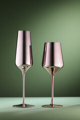 Glass of wine and champagne on green background