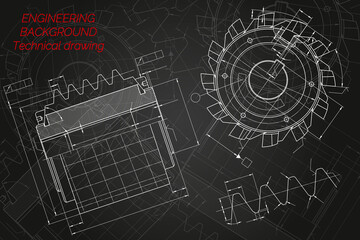 Mechanical engineering drawings on black background. Cutting tools, milling cutter. Technical Design. Cover. Blueprint. Vector illustration.
