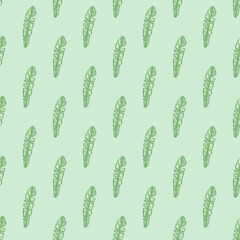 Botanical seamless pattern with light green tropical leaves ornament. Pastel blue background. Simple style.