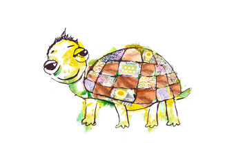 Funny turtle drawing isolated on white background. Animal cartoon graphic illustration.