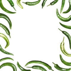 Frame made of green chili peppers on white background