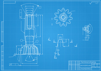 Mechanical engineering drawings on blue background. Tap tools, borer. Technical Design. Cover. Blueprint. Vector illustration.