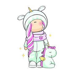 Interior doll in a unicorn costume with a unicorn toy