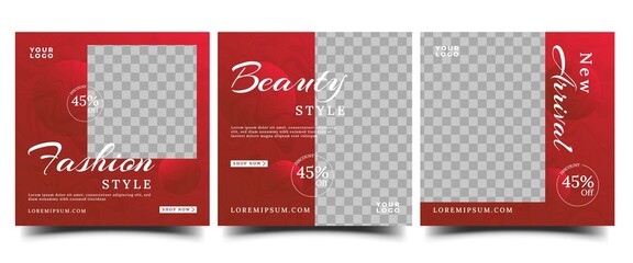 Set of Elegant fashion promotion social media post template. Gradient red color and place for the photo. Usable for social media post, banner, cover, card, and web ads.