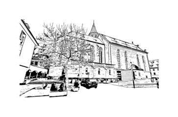 Building view with landmark of Heilbronn is the 
city in Germany. Hand drawn sketch illustration in vector.