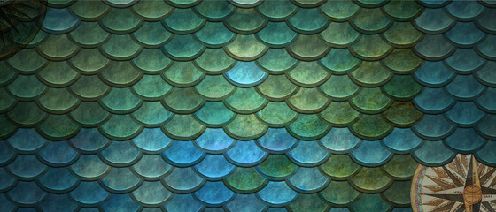 Wall background with tiles. Fish Scale, tile Wallpaper with Textured, Blue Patina blocks, water color and scale template , nautical teme and wind rose, compass © Amanda