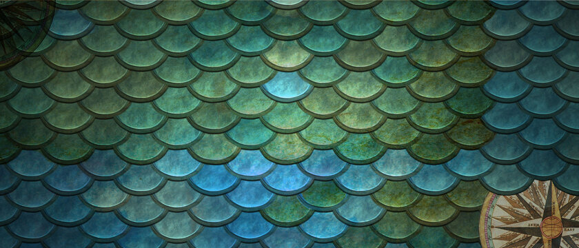 Wall background with tiles. Fish Scale, tile Wallpaper with Textured, Blue Patina blocks, water color and scale template , nautical teme and wind rose,
compass