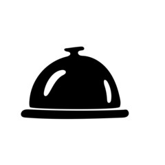 Obraz premium Black and white illustration of a serving dome cover and plate, kitchen ware, utensils. Doodle vector design for web and print. 