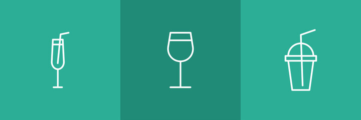 Set of 3 cocktail glasses icon on green background 