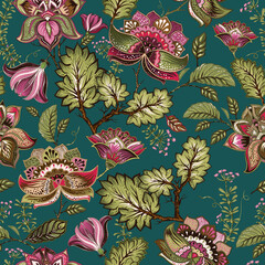 Floral seamless pattern. Indian wallpaper. Design for textile, wallpaper, web, print, paper, backdrop, background. Indian floral paisley, curly branches flowers. Vector clipart. 