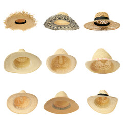 Set with different straw hats on white background. Stylish headdress