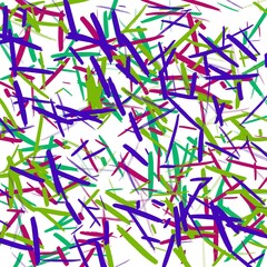 Long and thin chaotic brush strokes. Green, blue and purple colours, white background