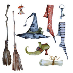 Outfit for a witch. Watercolor hat, shoes, stockings, broom. Halloween.