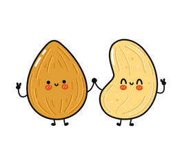 Fototapeta premium Cute, funny happy peanut and cashew character. Vector hand drawn cartoon kawaii characters, illustration icon. Funny cartoon peanut and cashew friends concept