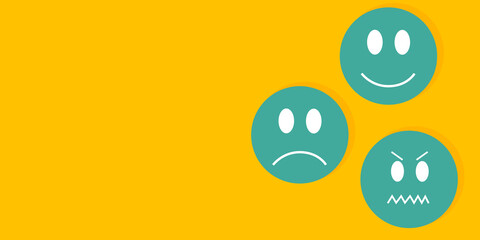 banner with emoticons with different emotions. sad, happy, angry. greens on yellow background, copy space