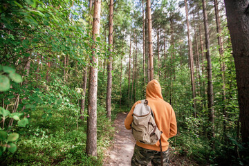 Naklejka na ściany i meble Man hiking with backpack in green forest. Back view