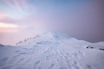 Snow covered mountain peak with footprint and colorful sky in blizzard on mount Segla at Senja island