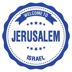 WELCOME TO JERUSALEM - ISRAEL, words written on blue stamp