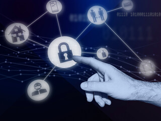 The male hand points to the lock symbol in the quarantine measures illustration. Dark blue tone. Abstract collage