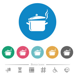 Steaming glossy pot with lid flat round icons