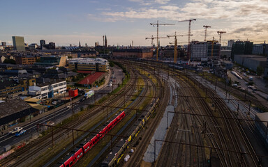 Beautiful aerial view of the Copenhagen Train station and railroad in the city 