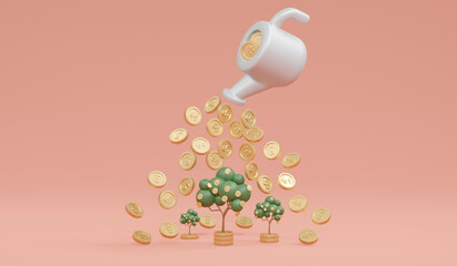 3D Rendering of growing of money tree by coins from watering pot concept of growing money, investment growth, financial growth, investment decision. 3D Render. 3D illustration.