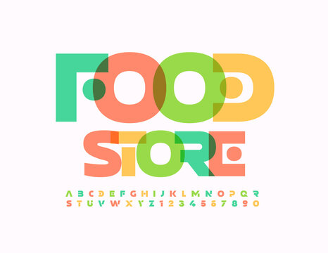 Vector trendy emblem Food Store. Colorful creative Font. Artistic Alphabet Letters and Numbers set