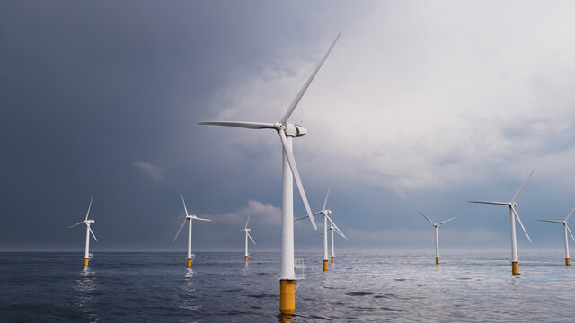 Wind Power. Offshore Wind Turbines on an Overcast Morning. Renewable Electricity Concept.