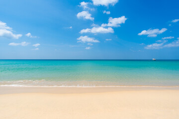 Phuket Thailand beach sea. Landscape view of beach sea and sand in summer sun. Beach space area background. At Patong beach, Phuket, Thailand. On 28 July 2021.