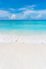 Phuket Thailand beach sea. Landscape view of beach sea and sand in summer sun. Beach space area background. At Patong beach, Phuket, Thailand. On 28 July 2021.